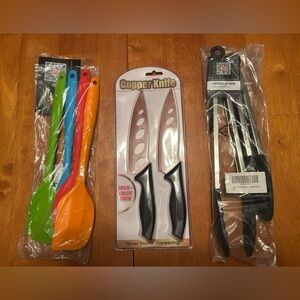 Bundle of kitchen items,  Copper Knives, silicone spatulas and kitchen tongs.